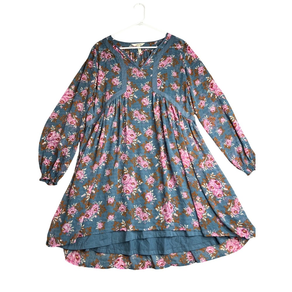 Matilda Jane Women Blue Pink Floral Rose Clip Dot‎ Tunic Dress L Boho High Low - Picture 2 of 10